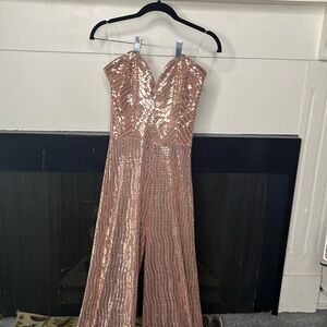 a'gaci Shimmering Pink Sequin Wide Leg Jumpsuit